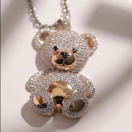 BiG-BOSS Iced Teddy Bear Pendant Sterling Silver Two Tone Gold Finish Channel Set Fully Moissanite Encrusted Luxury Hip Hop Style Party
