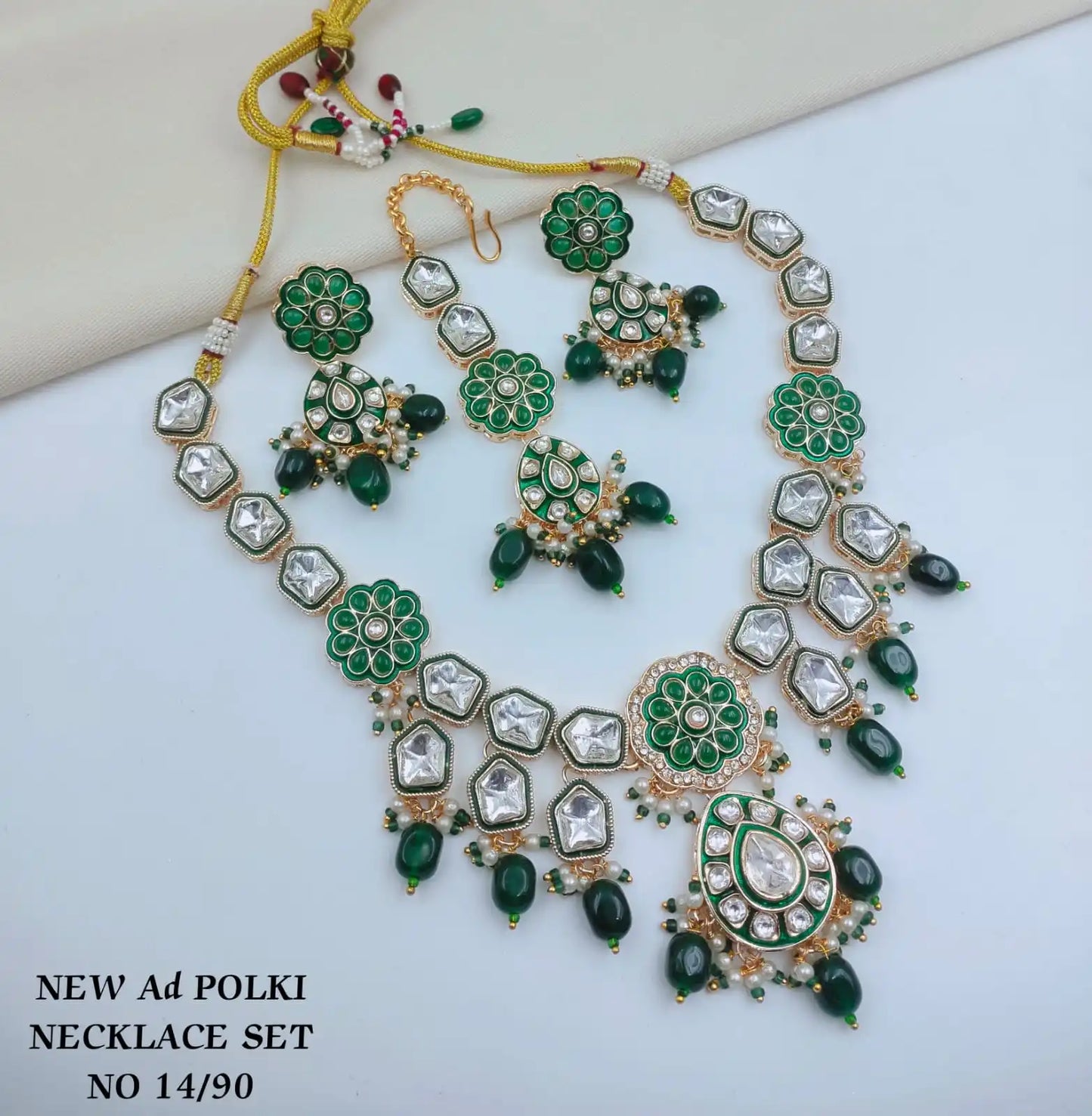 Luxury Emerald Green AD Polki Necklace Set with Matching Earrings and Maang Tikka American Diamond Cubic Zirconia jewellery set