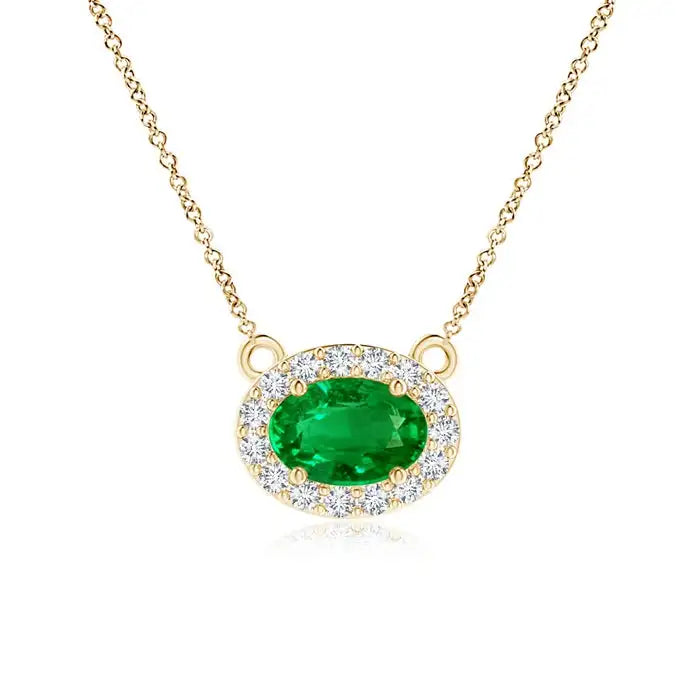 14k Solid Gold East-West Oval Cut Natural Emerald Gemstone Pendant Necklace With Diamond Halo Certified Handmade Fine Jewelry