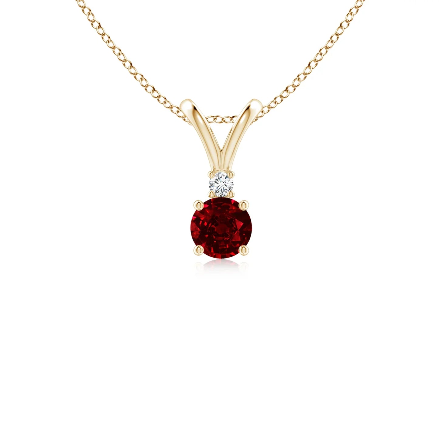 14K Gold Round Brilliant Cut 0.24 Ctw Ruby Gemstone Solitaire V-Bale Pendant with 0.1 Ct Diamond Luxury Stylish Pendant Necklace