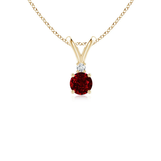 14K Gold Round Brilliant Cut 0.24 Ctw Ruby Gemstone Solitaire V-Bale Pendant with 0.1 Ct Diamond Luxury Stylish Pendant Necklace