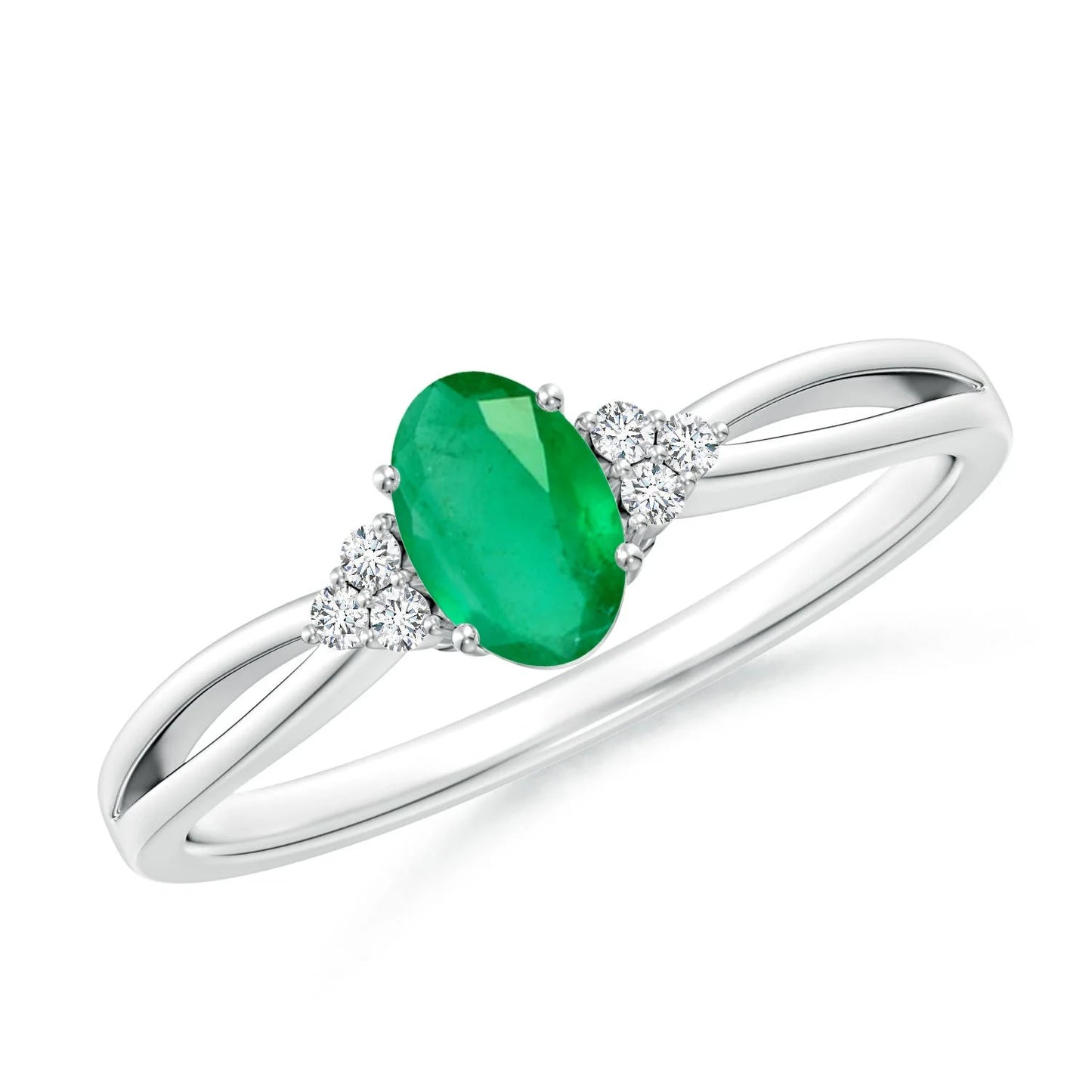 14k Solid Gold Oval Cut 5*7MM Natural Green Emerald & Trio Diamond Split Shank Engagement Ring Split Band Unique Bridal Ring OEM