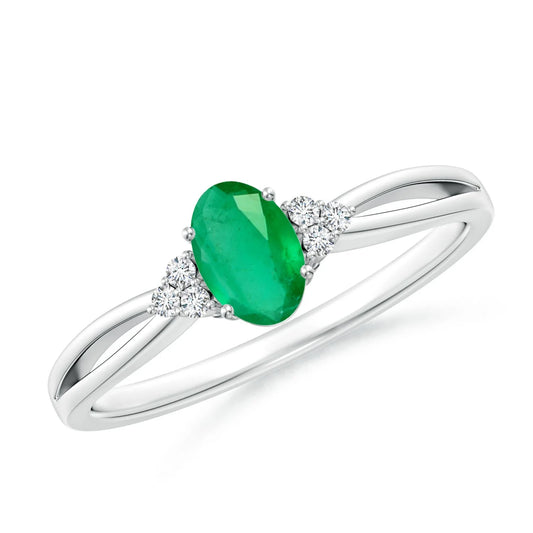 14k Solid Gold Oval Cut 5*7MM Natural Green Emerald & Trio Diamond Split Shank Engagement Ring Split Band Unique Bridal Ring OEM