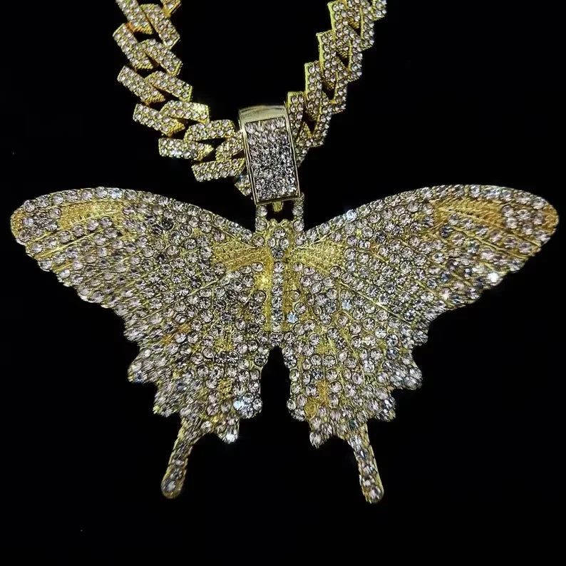 BiG-BOSS Gold Butterfly Pendant for Men Iced Out Moissanite Cuban Link Hip Hop Jewellery
