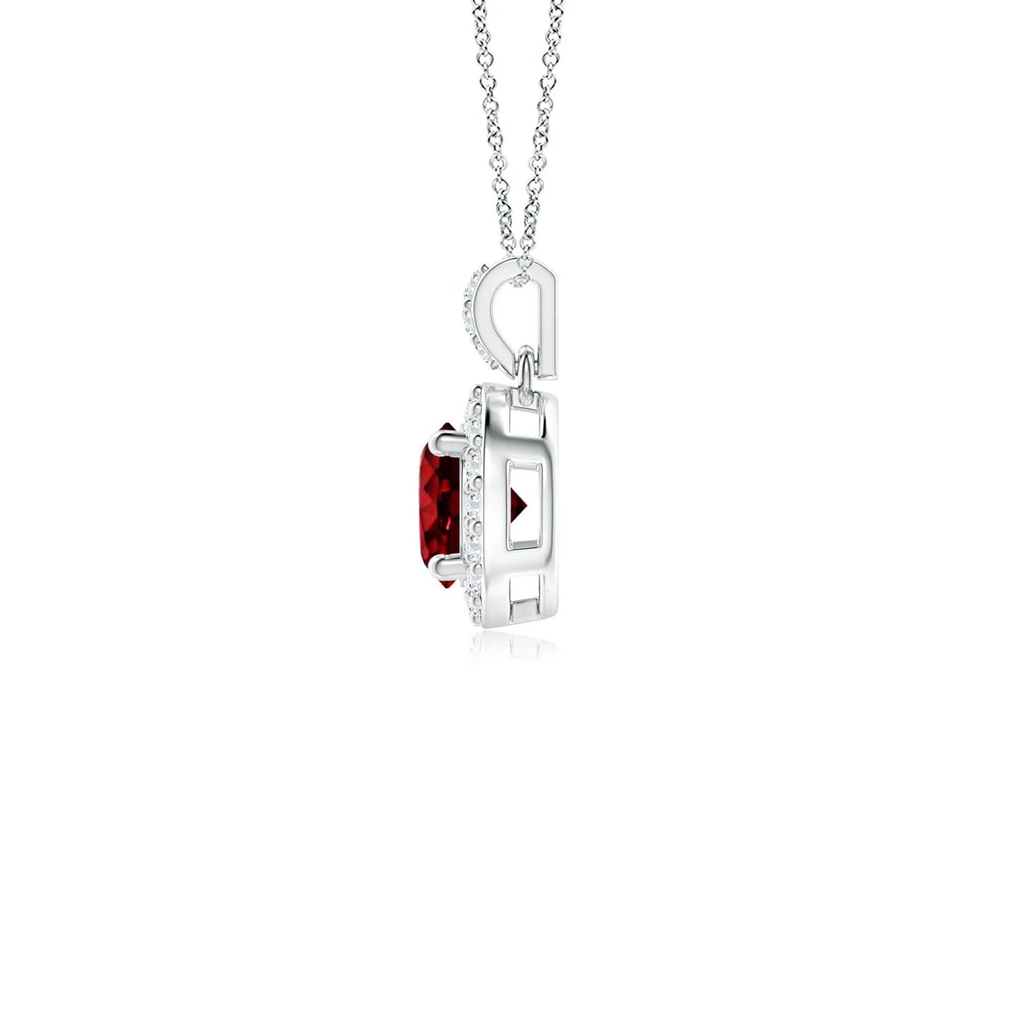 14K Solid Gold Round Cut 0.24Ctw Ruby Gemstone Dangle Pendant with 0.08Ctw Diamond Halo High Quality Pendant Link Chain Necklace
