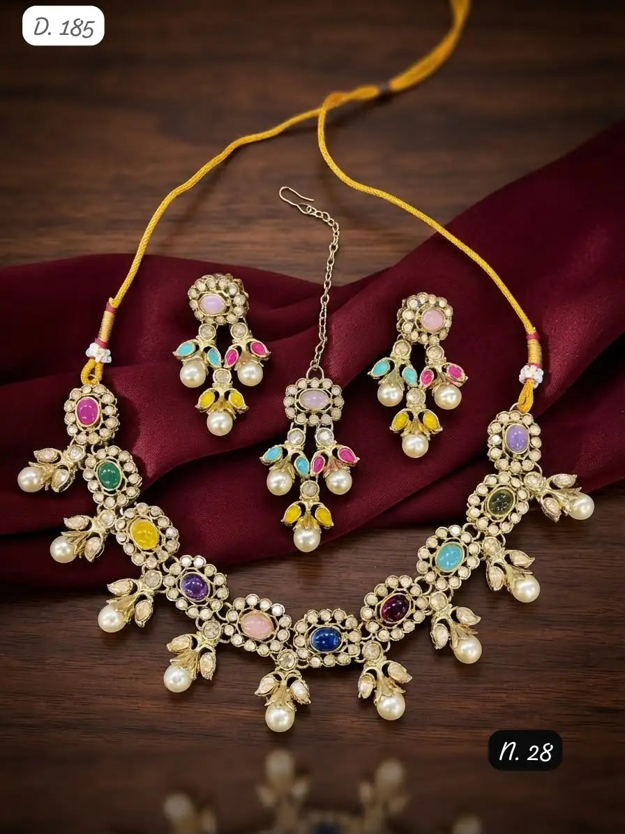 Premium Navratna Pearl Heritage Choker Necklace Set with Matching Earrings and Maang Tikka Traditional Bridal Jewelry