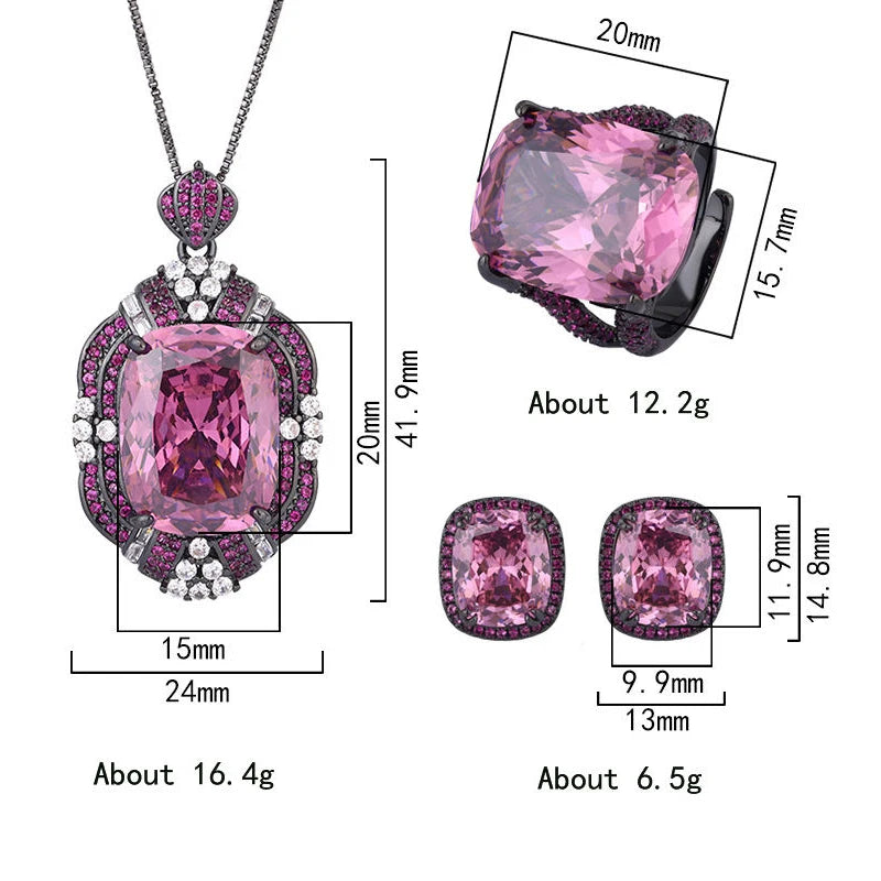 Gemfiori Luxury Black Rhodium Plated Jewelry Set Cushion Cut Simulated Blue Halo Vintage Dark Zircon Pendant Necklaces Ring Stud Earring