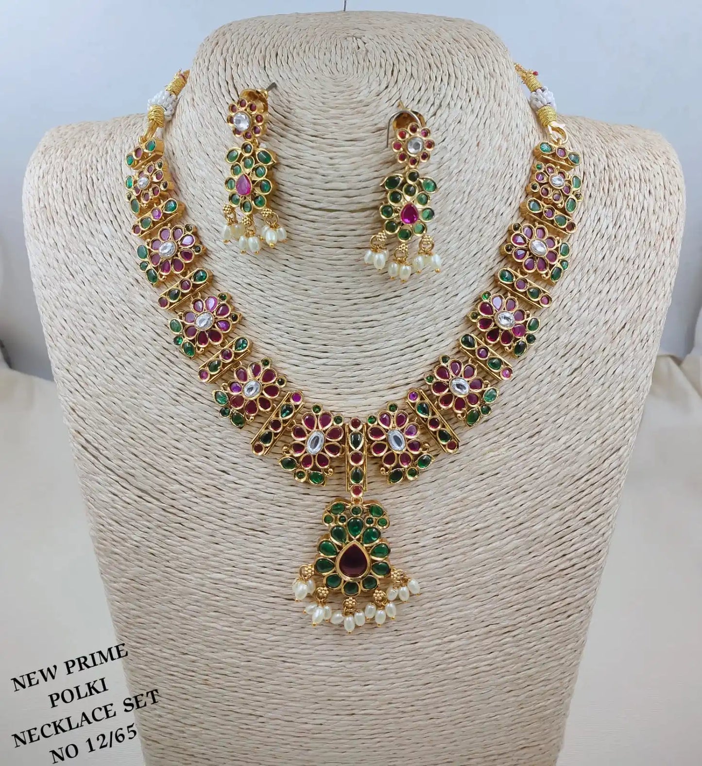 Luxury Polki Necklace Set Gold Plated Bridal Jewelry  Stone Wedding Necklace Earrings Pearl Drop Premium Collection