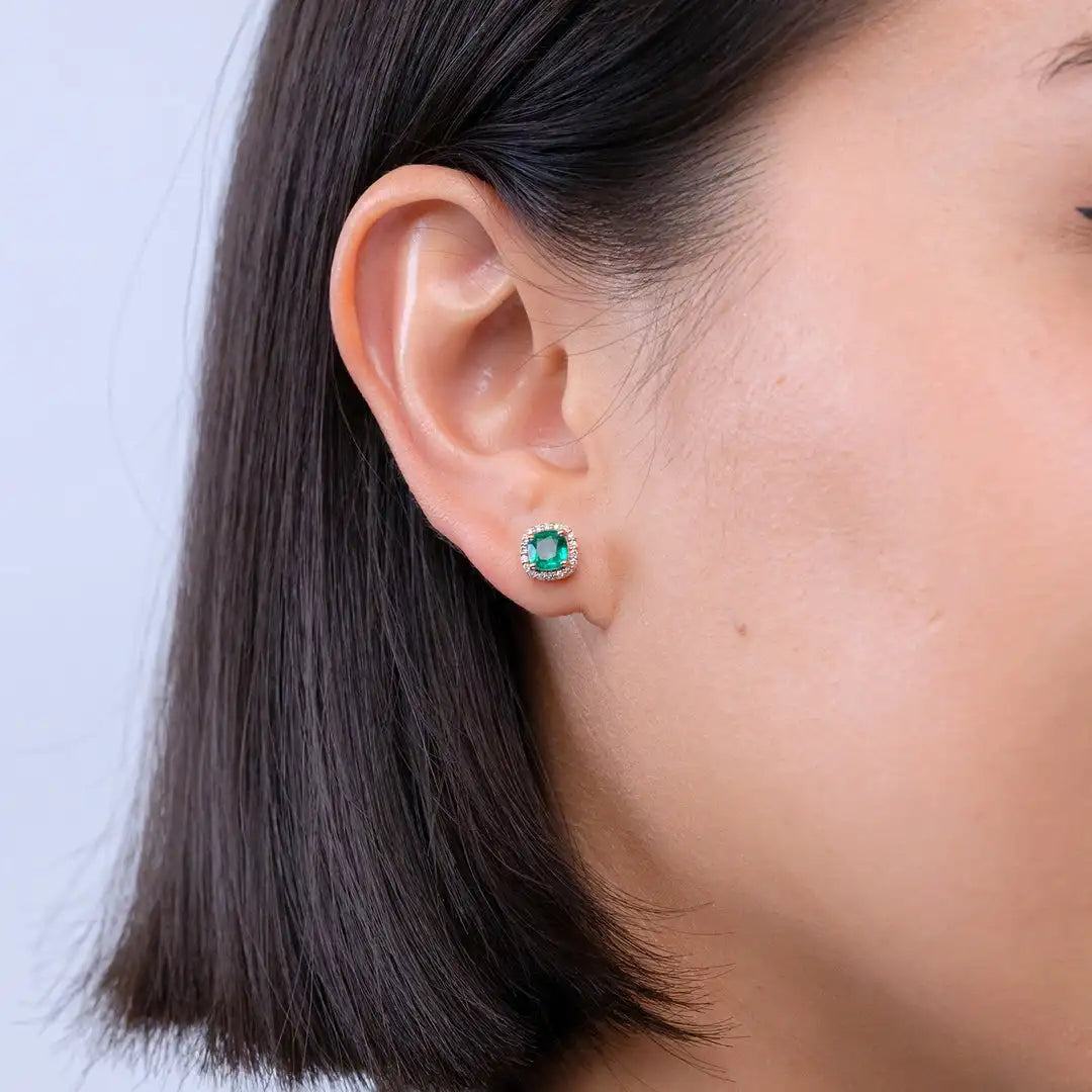 Emerald Diamond Halo Stud Earrings in 14K Rose Gold, Cushion Cut Green Gemstone Fine Jewelry Gift for Fiance