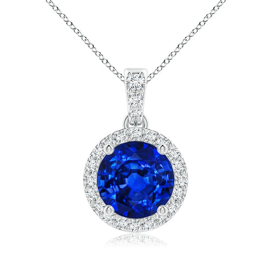 High Quality 14K Gold Round Cut Blue Sapphire Dangle Pendant with Natural Diamond Halo IGI Certified Fine Jewelry Chain Necklace