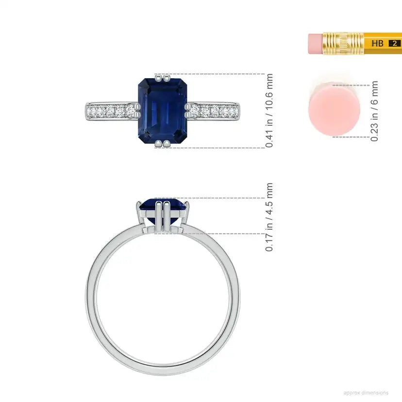 14K Solid Gold Emerald-Cut Blue Sapphire Engagement Ring with Double Flat Prongs Handmade Customized Fine Jewelry Wedding