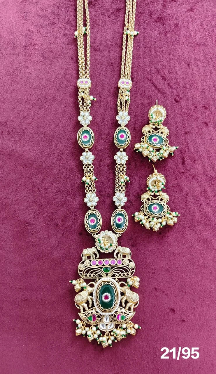 Royal Temple Long Pendant Necklace Set with Matching Earrings Gold Plated Heritage Elephant Bridal Jewelry for Women Set