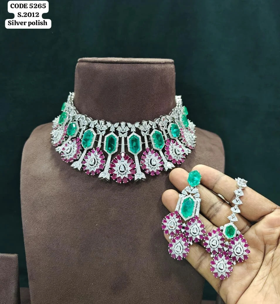 Luxury Silver Polish Ruby Emerald American Choker Necklace Set with Earrings & Maang Tikka Bridal Wedding Jewelry Set for Women