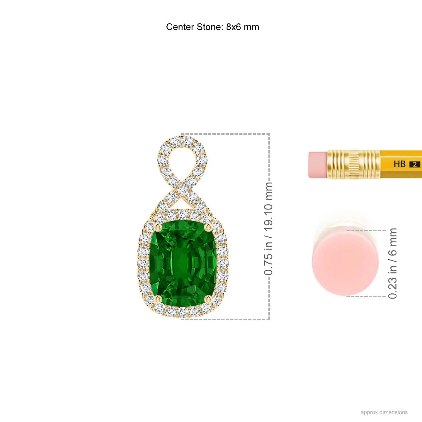 14K Gold IGI Certified 8*6MM 1.25C Rectangular Cushion Cut Natural Green Emerald Infinity Pendant With Pave Set Accented Diamond