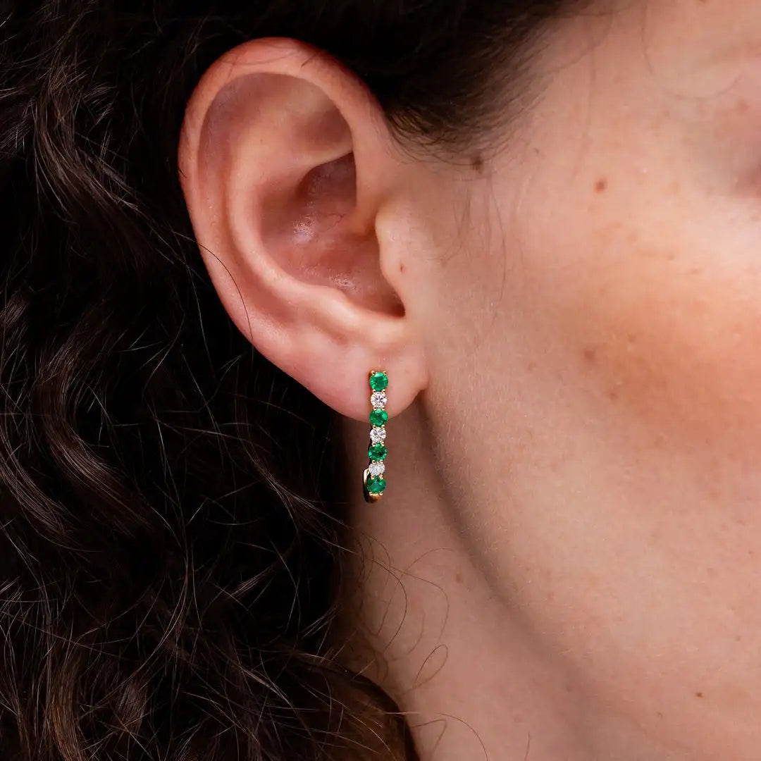 Round Cut Emerald and Diamond Huggie Earrings Fine Jewelry Everyday Wear 14kt Solid Yellow Gold May Birthstone Jewelry