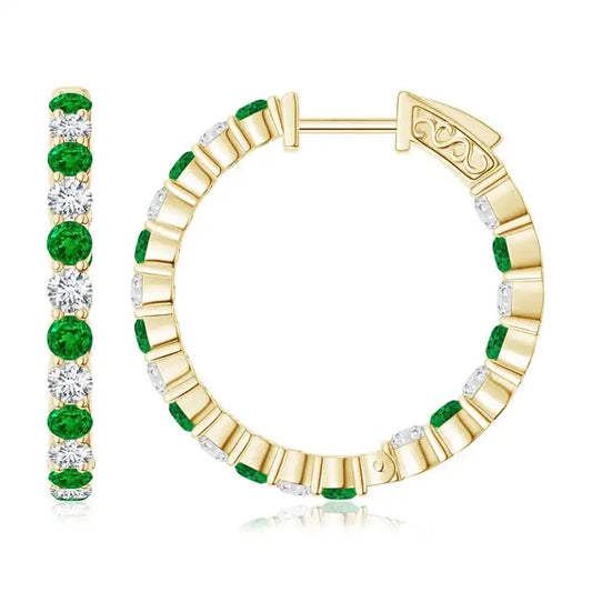 Natural Emerald, Diamond Hoop Earrings, 14K Solid Gold, Inside Out, Round Cut, OEM ODM, Manufacturer, Fine Jewelry