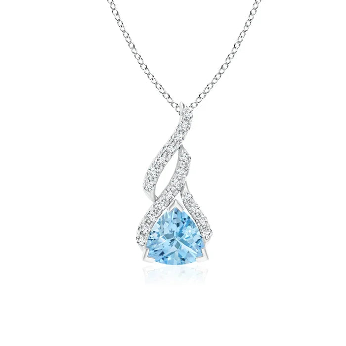 14K Gold Natural 4MM Trillion Cut 0.22 Ctw Aquamarine Solitaire Pendant With 0.06 Ctw Diamond Swirl Shape Bale Pendant Necklace