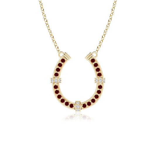 14K Solid Gold Pave-Set Ruby & Diamond Horseshoe Design Pendant Link Chain Necklace Top Quality Lucky Charm Pendant Gift For Her