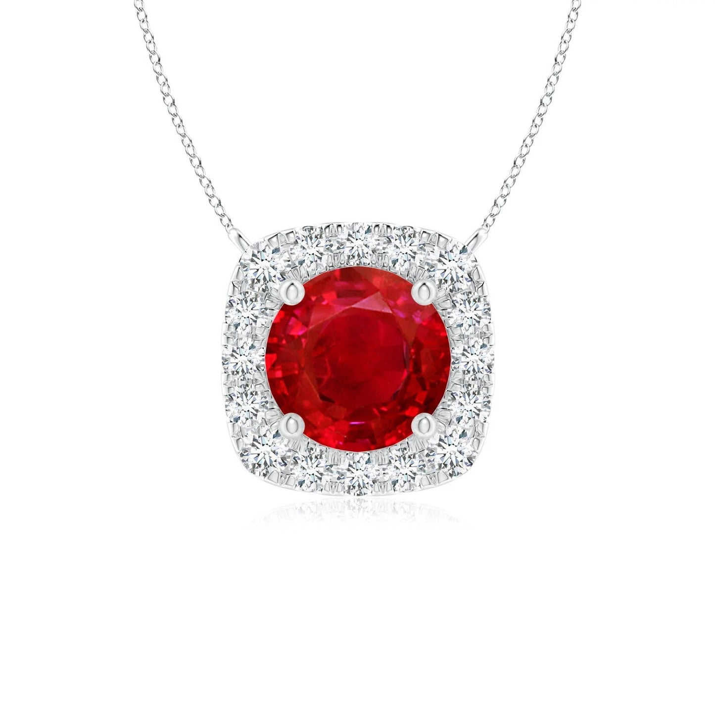 14k Solid Gold Natural 0.45Ct Round Brilliant Cut Red Ruby Gemstone Halo Cushion Shape Pendant Studded With IGI Natural Diamond