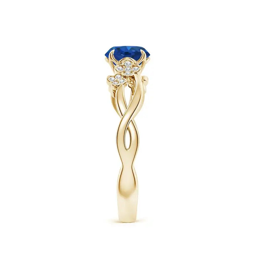 Nature-Inspired Round Blue Sapphire Floral Engagement Ring Handmade Customized Fine Jewelry Wedding Engagement 14K Solid Gold