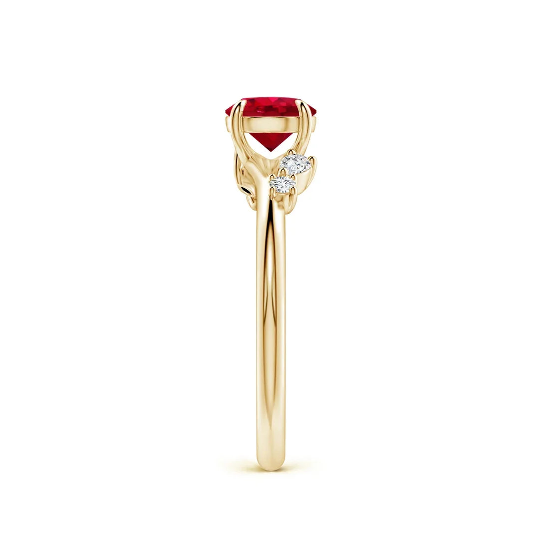 14K Gold Round Cut 1 Ctw Red Ruby Engagement Ring with Multi-Shape Diamond Accents Top Quality Handmade Custom Wedding Ring