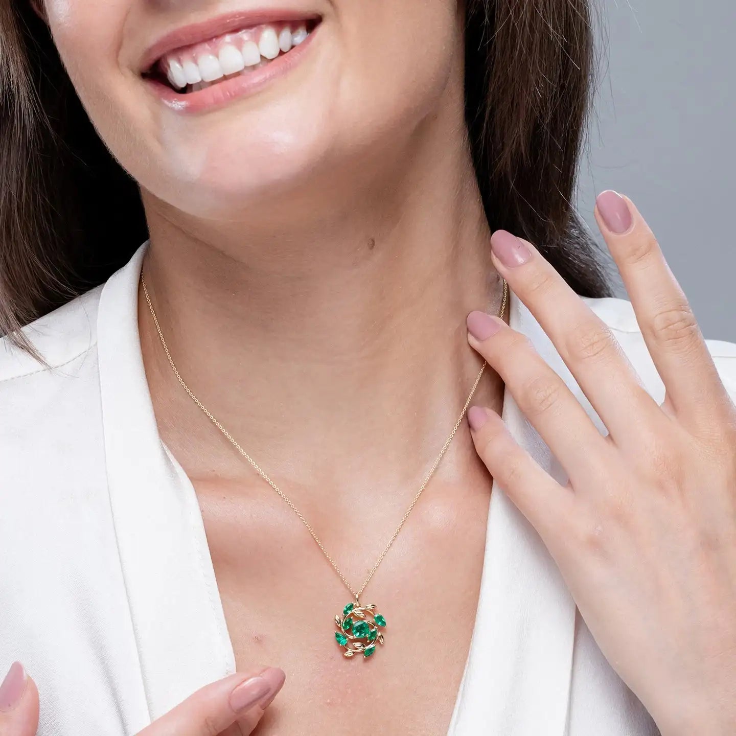 14K Solid Gold Natural Emerald Olive Branch Pendant Round Marquise Multi-Stone Fine Jewellery Anniversary Gift For Her 2026