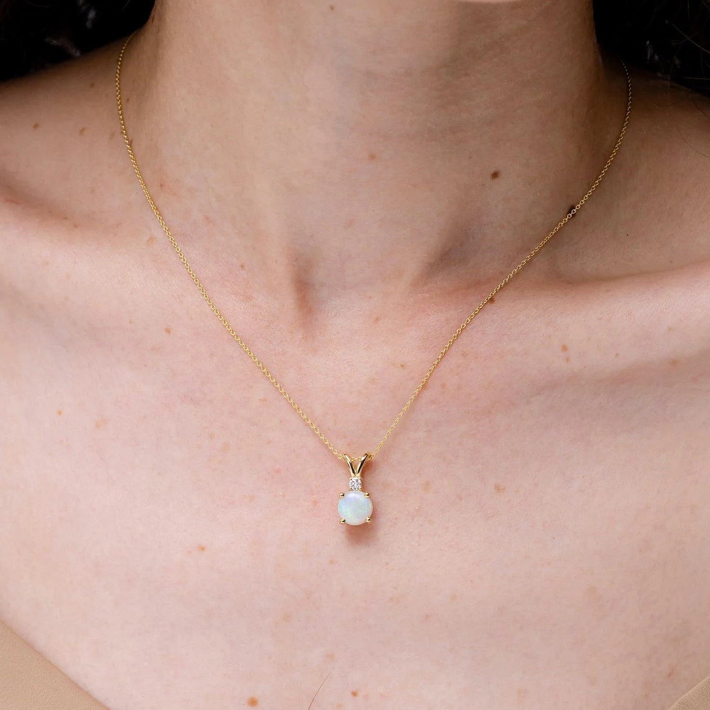 Premium Quality Natural Gemstone & Diamond 2 Stone Pendant 14K Gold Round Opal Solitaire V-Bale Pendant with Diamond Necklace