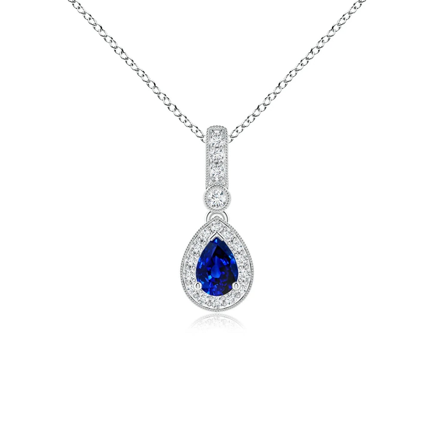 IGI Certified Handmade Teardrop Shape Natural Pear Cut Blue Sapphire Gemstone With Pave Sett Diamond Pendant Link Chain Necklace