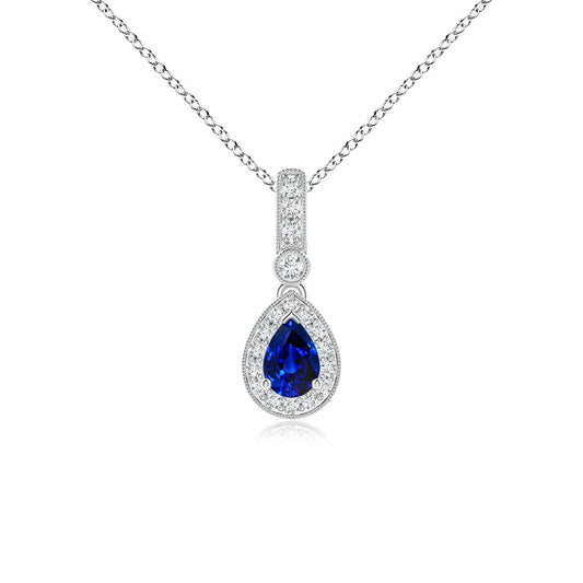 IGI Certified Handmade Teardrop Shape Natural Pear Cut Blue Sapphire Gemstone With Pave Sett Diamond Pendant Link Chain Necklace
