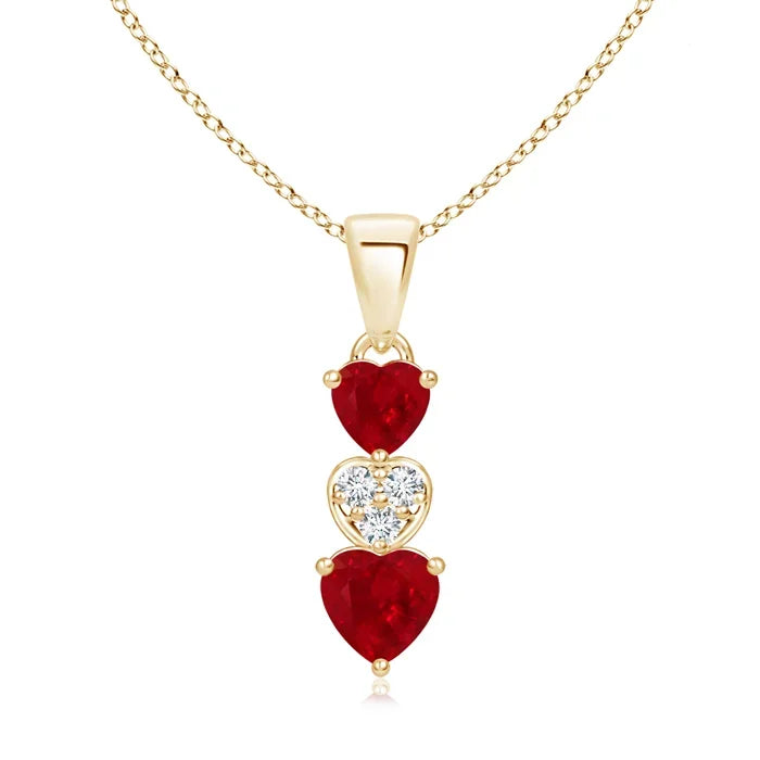 14K Pure Gold Natural Red Ruby Dangling Triple Heart Shape Pendant With Diamond Romantic Fine Jewelry Anniversary Gift For Her