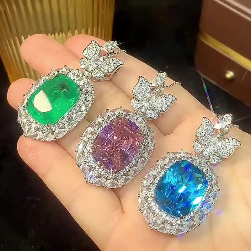 Gemfiori New Luxury Rectangle Cut Simulated Emerald Jewelry Set Platinum Plated Zircon Pendant Necklace Ring Drop Earring Wedding Jewelry