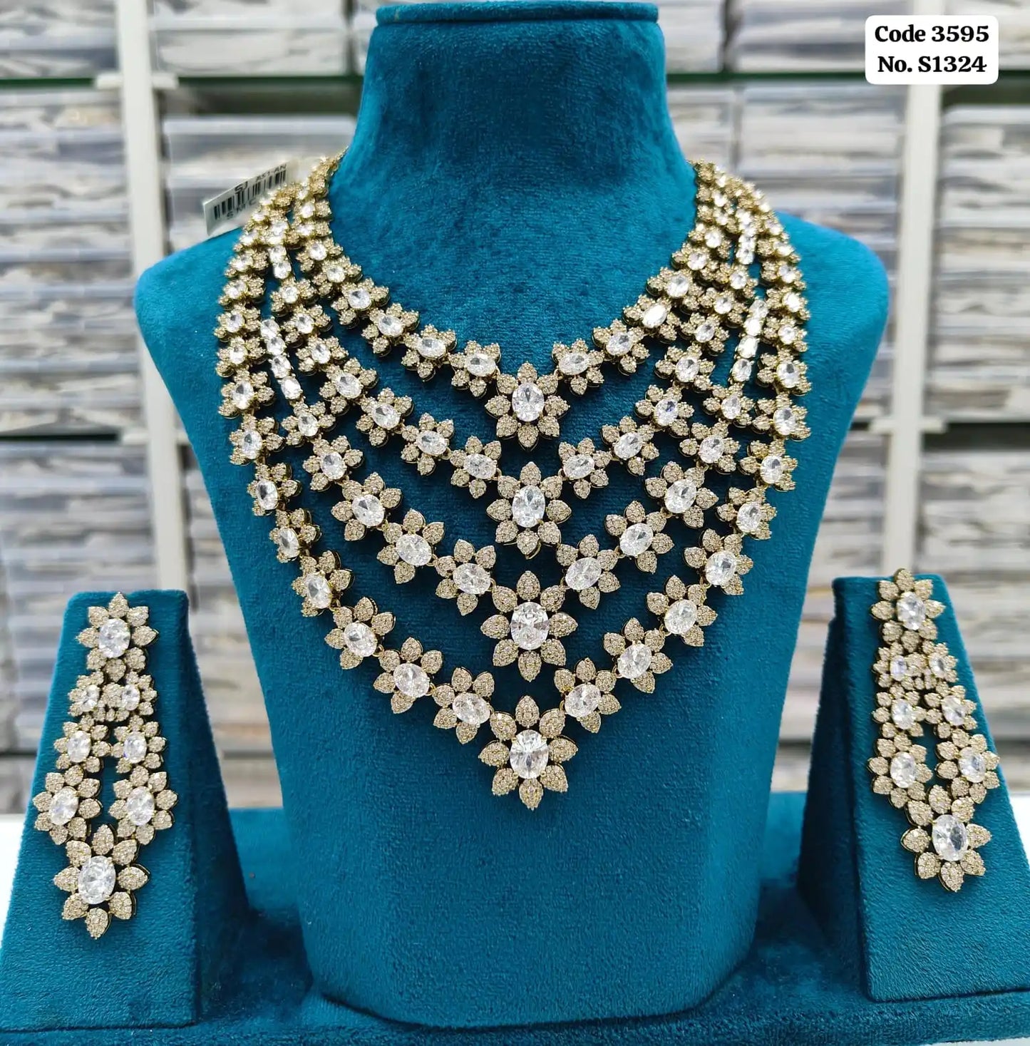 Elegant Emerald Green & AD Accented Multi-Tiered Step Necklace Set with Earrings Set For Women