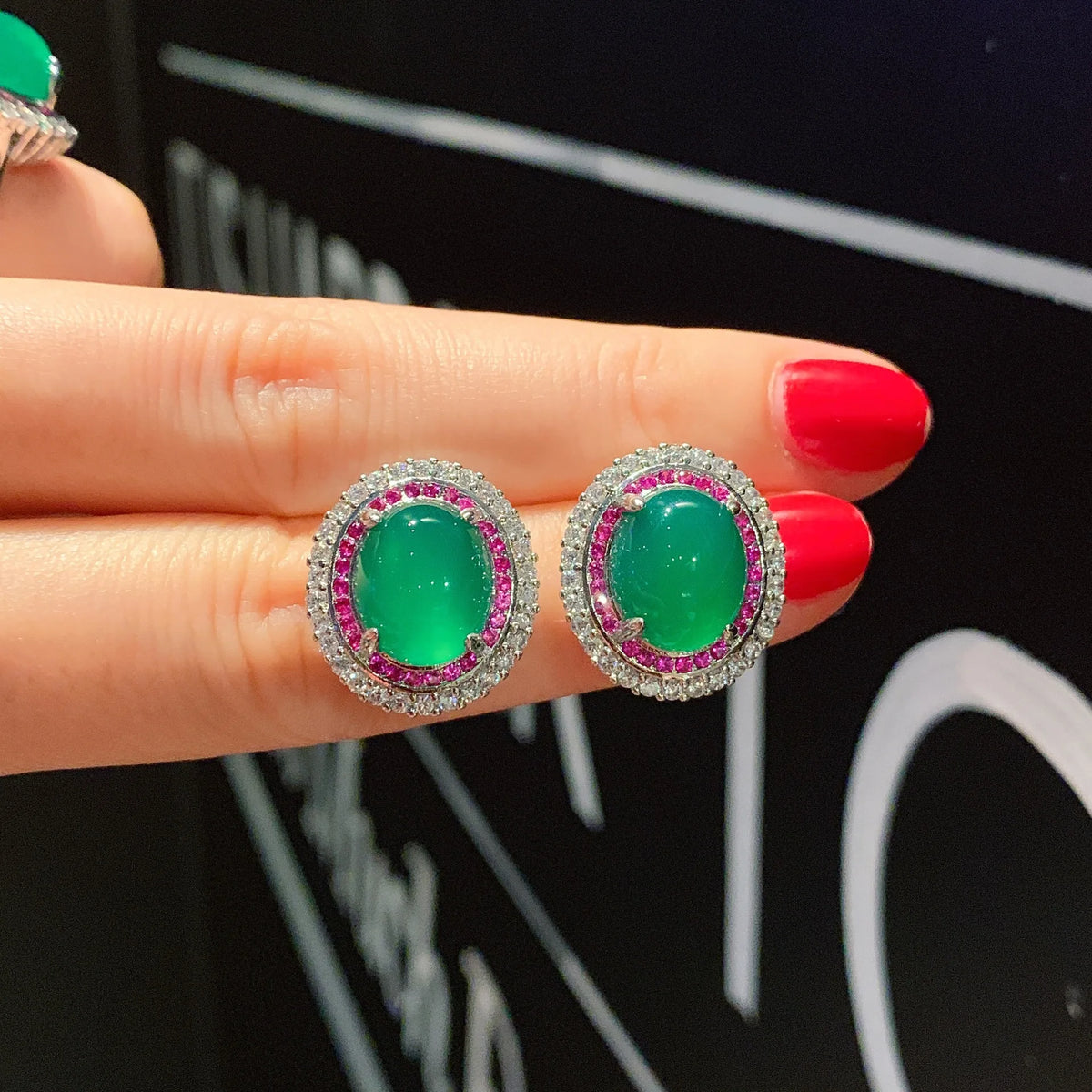 Gemfiori Luxury Oval Cabochon Green Chalcedony Double Halo Ruby White CZ Pendant Necklace Ring Earring Simulated Emerald Jewelry Set Gift