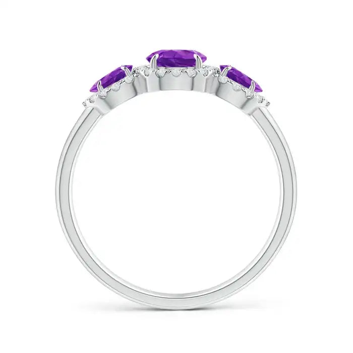 14K Pure Gold Claw-Setting Natural Pear Cut Amethyst Three Gemstone Ring with Halo Diamond Handmade Fine Jewelry Engagement Ring