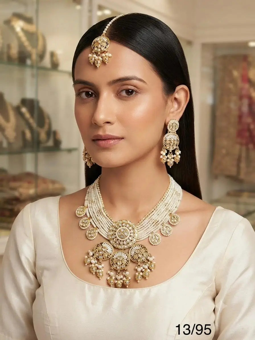 Luxury Indian Traditional Imitation Pearl Zircon Choker Necklace Earrings Women Bridal Wedding Jewellery Gold Plated Ethnic