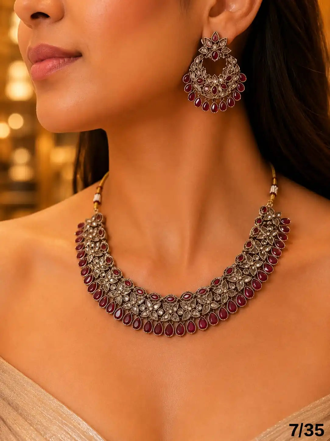 Designer Antique Gold Plated Ruby Red Kundan Necklace Set with Earrings Bridal Wedding Party Wear Fashion Jewelry Set For Women.