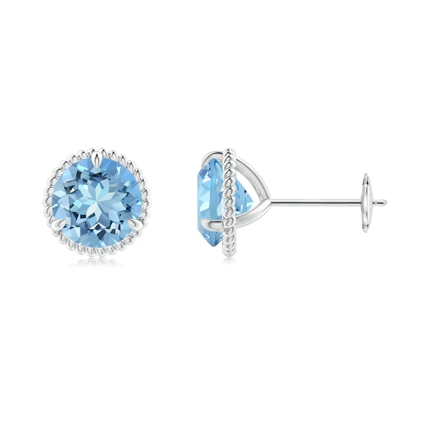 14Kt White Gold Round Cut Aquamarine Stud Earrings Vintage Milgrain Halo Basket Setting Fine Jewelry for Women Gift for Her