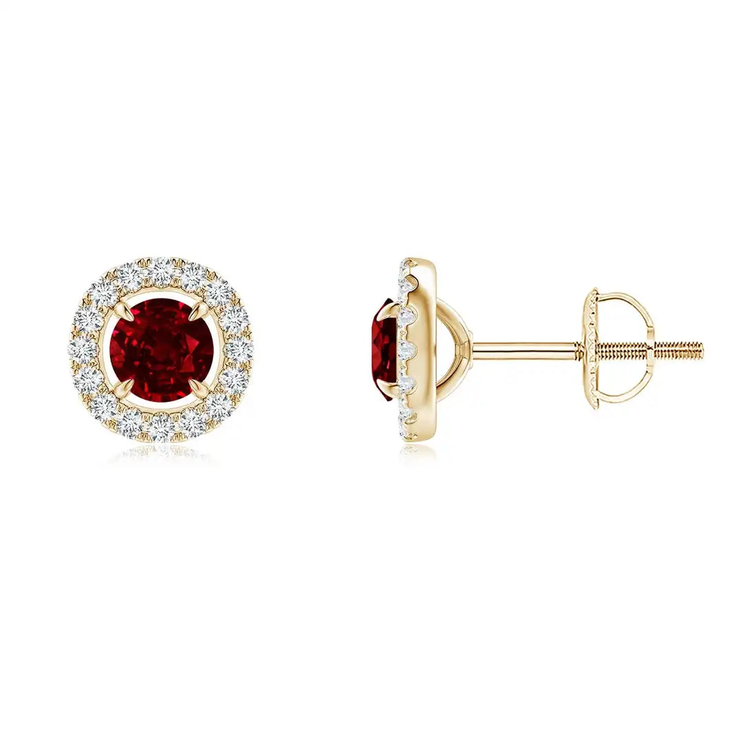 Natural Ruby Diamond Halo Stud Earrings 14K Solid Yellow Gold Round Cut Ruby Earrings Fine Bridal Jewelry Gift for Women