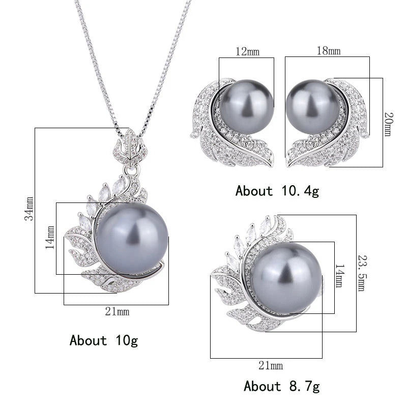 XOTICA High Quality Imitation White Pearl Jewelry Set Feather Design CZ Pendant Necklace Ring Stud Earring Elegant Tahitian Pearl Gifts
