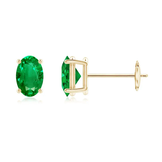 Classic Oval Emerald Stud Earrings in 14kt Yellow Gold with Minimalist Four Prong Basket Setting Gift for Girlfriend