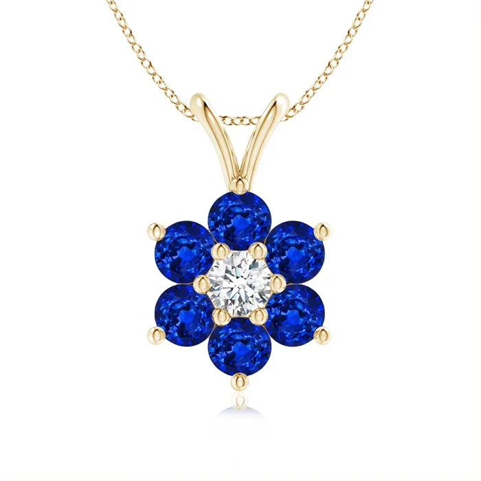 14K 18K Gold Natural Blue Sapphire Classic Six Petal Flower Shape Pendant With Center Diamond Handmade Fine Jewelry Necklace