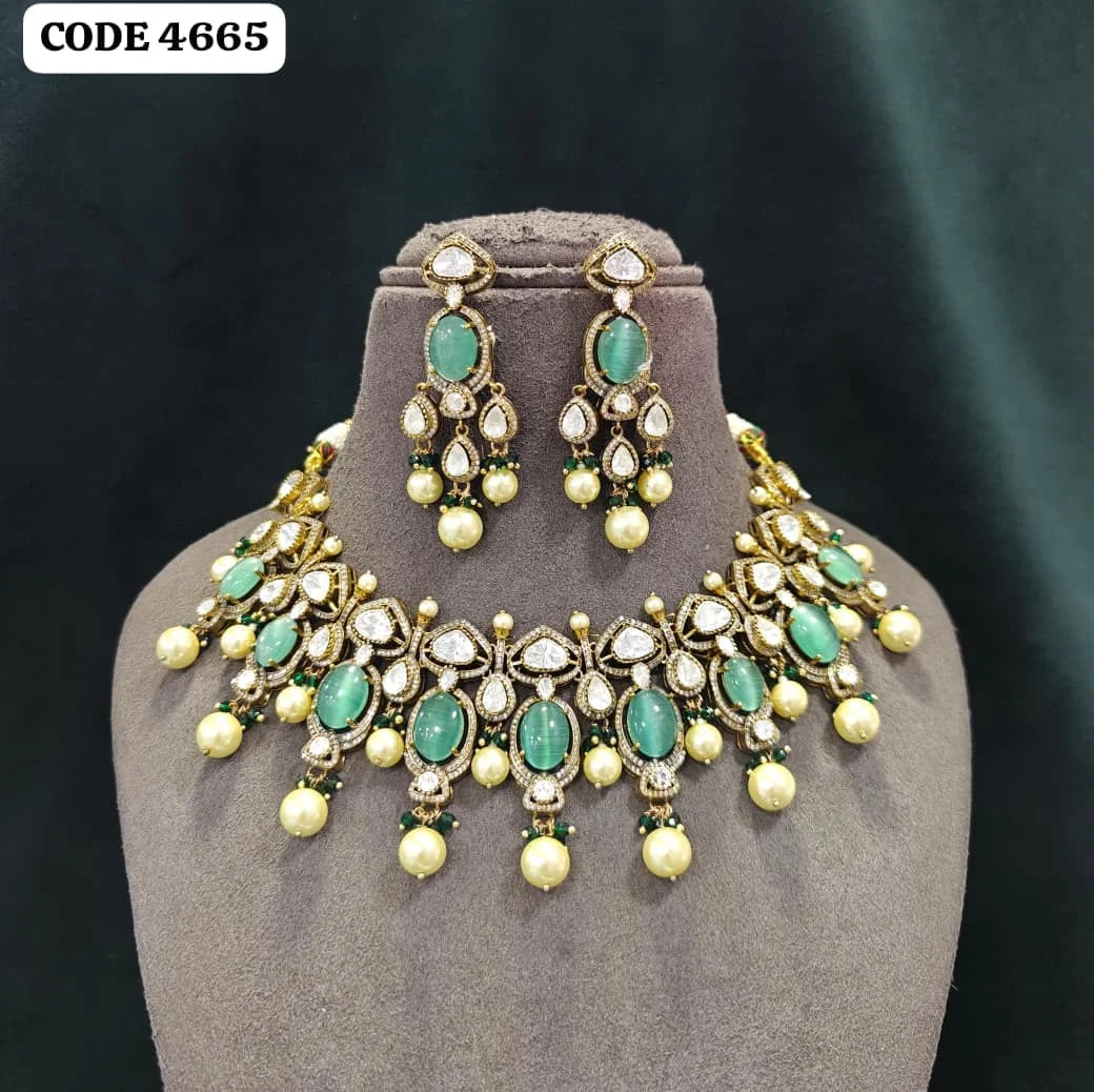 Elegant Emerald Oval Cut Pearl Gold Plated Bridal Choker Necklace Earrings Set Pear Cut Bezel Setting Wedding Jewelry Set