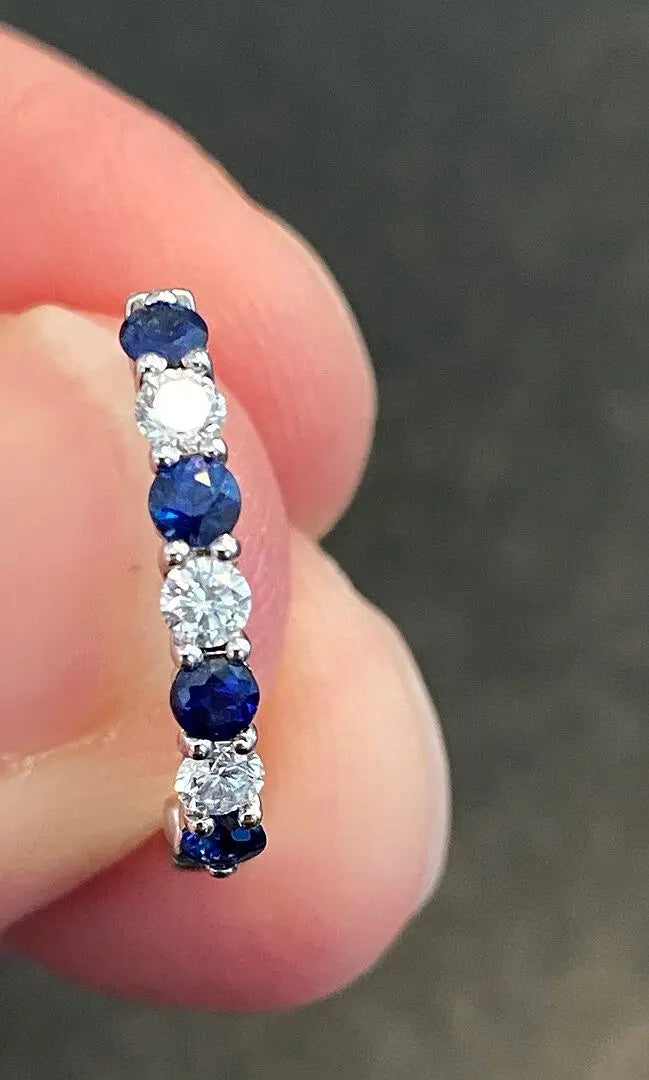 Blue Sapphire And Diamond Channel Setting Classic 14K Solid Gold Hoop Earrings Women's Jewelry