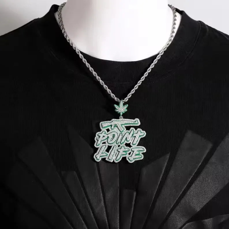 BiG-BOSS Iced Out Point Life Pendant with Green Moissanite and Rope Chain for Men