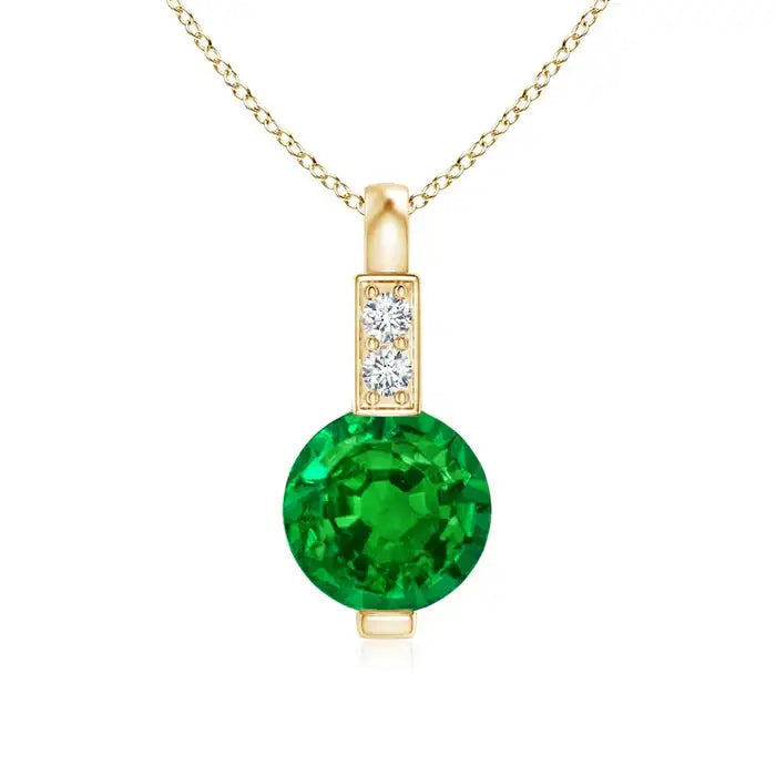 14K Pure Gold Bezel Sett Natural 5mm Round Cut 0.45 Ct Emerald Solitaire Pendant With Diamond Bale Classic Handmade Fine Jewelry