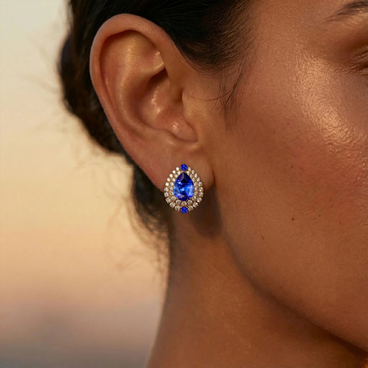 Classic 18K Solid Rose Gold Earrings Cute Trendy Women's Fine Studs Halo Pear Shaped Lab Grown Blue Sapphire OEM Anniversary
