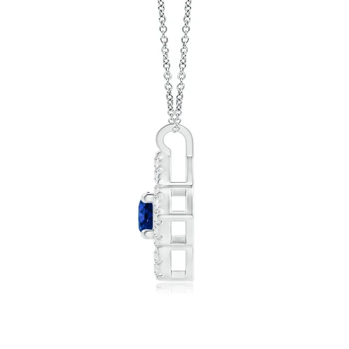 14K Gold Natural Round Blue Sapphire & Pave Sett Diamond Clover Design Pendant Link Chain Necklace Party Wear Unisex Pendant OEM