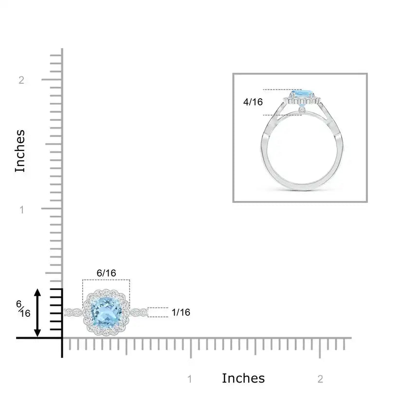 14K Solid Gold Cushion Aquamarine Ring with Floral Halo Handmade Customized Fine Jewelry Wedding Engagement