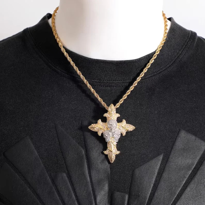 BiG-BOSS Iced Out Cross Skull Pendant Silver Plated Channel Set Moissanite Luxury Gothic Hip Hop Style Party Jewelry for Men