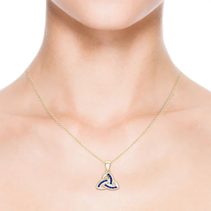14K Solid Gold Channel-Set 0.27Ct Natural Blue Sapphire Dangling Celtic Knot Pendant Good Luck Celtic Knot Jewelry Gifts for Her